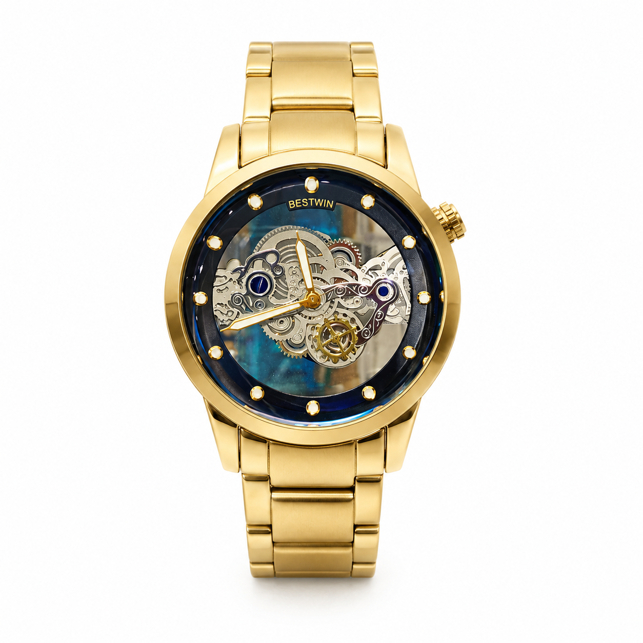 Gold stainless steel skeleton men's watch with transparent mechanical dial, automatic movement design, and luxury finish