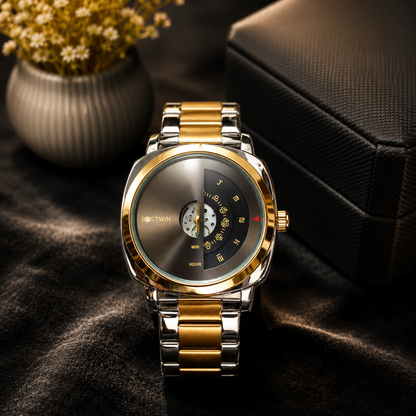  Two-tone gold and silver men's watch with a unique half-skeleton dial, stainless steel bracelet, and modern luxury design