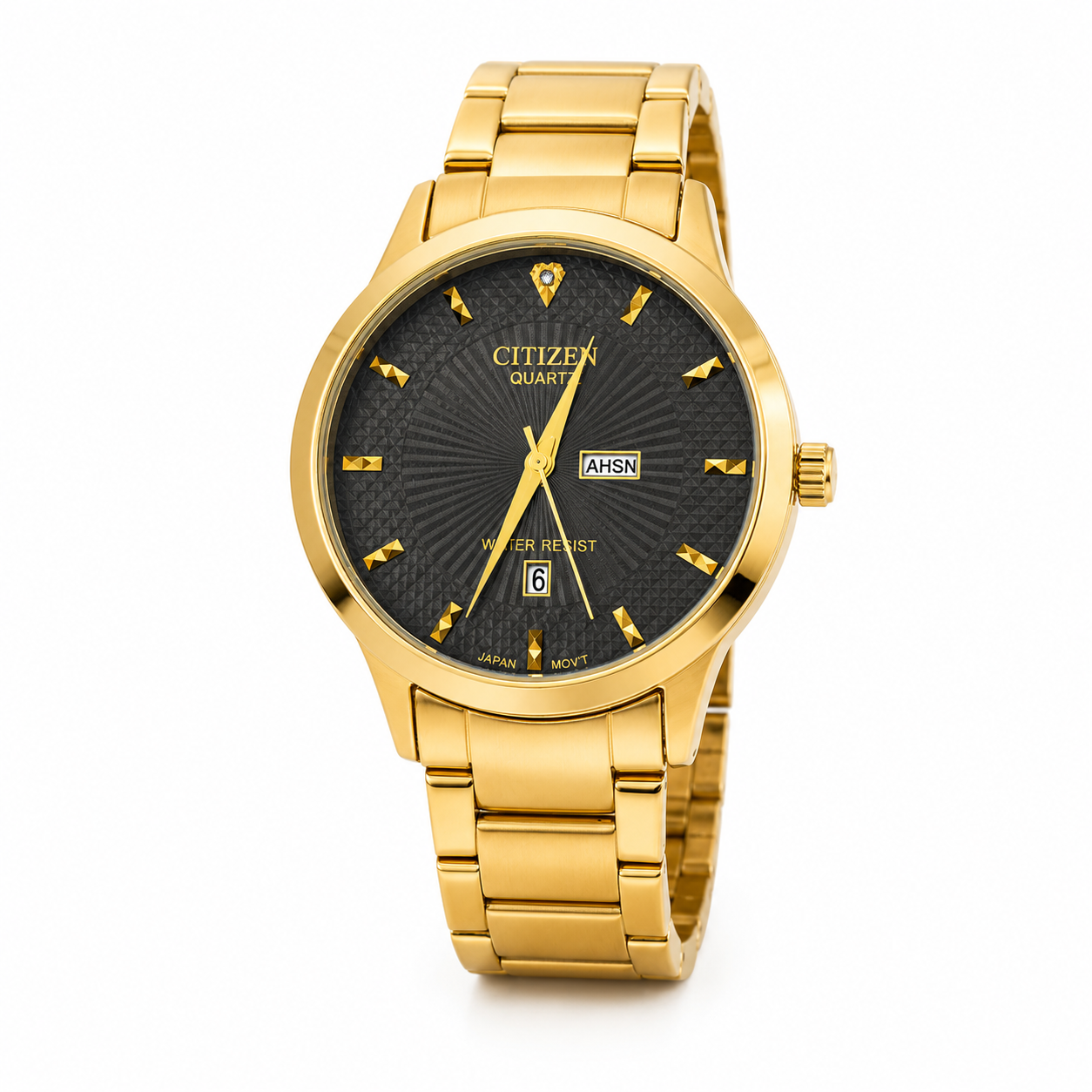 Gold stainless steel men's watch with black textured dial, day-date display, and elegant luxury design