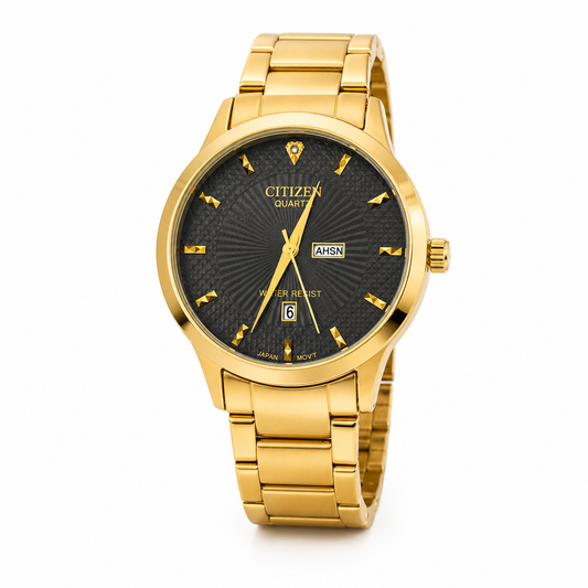 Gold stainless steel men's watch with black textured dial, day-date display, and elegant luxury design