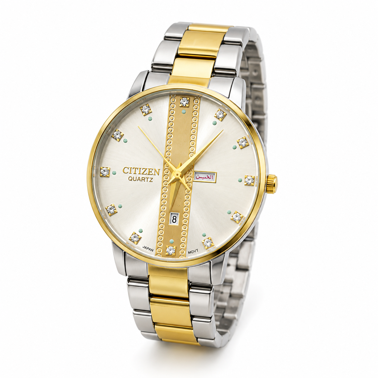 Two-tone gold and silver stainless steel men's watch with champagne dial, crystal hour markers, and day-date display by GotikTik.