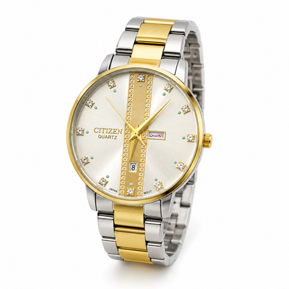 Two-tone gold and silver stainless steel men's watch with champagne dial, crystal hour markers, and day-date display by GotikTik.