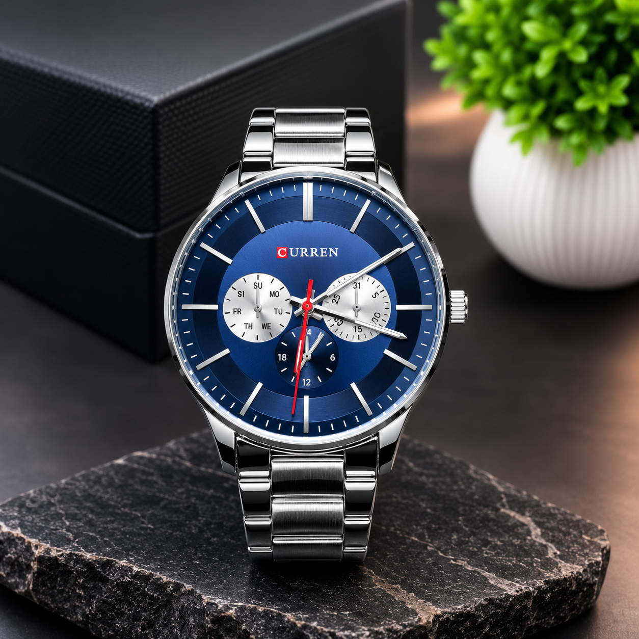 Blue dial stainless steel Curren men's watch with multifunction subdials, silver bracelet, and premium design