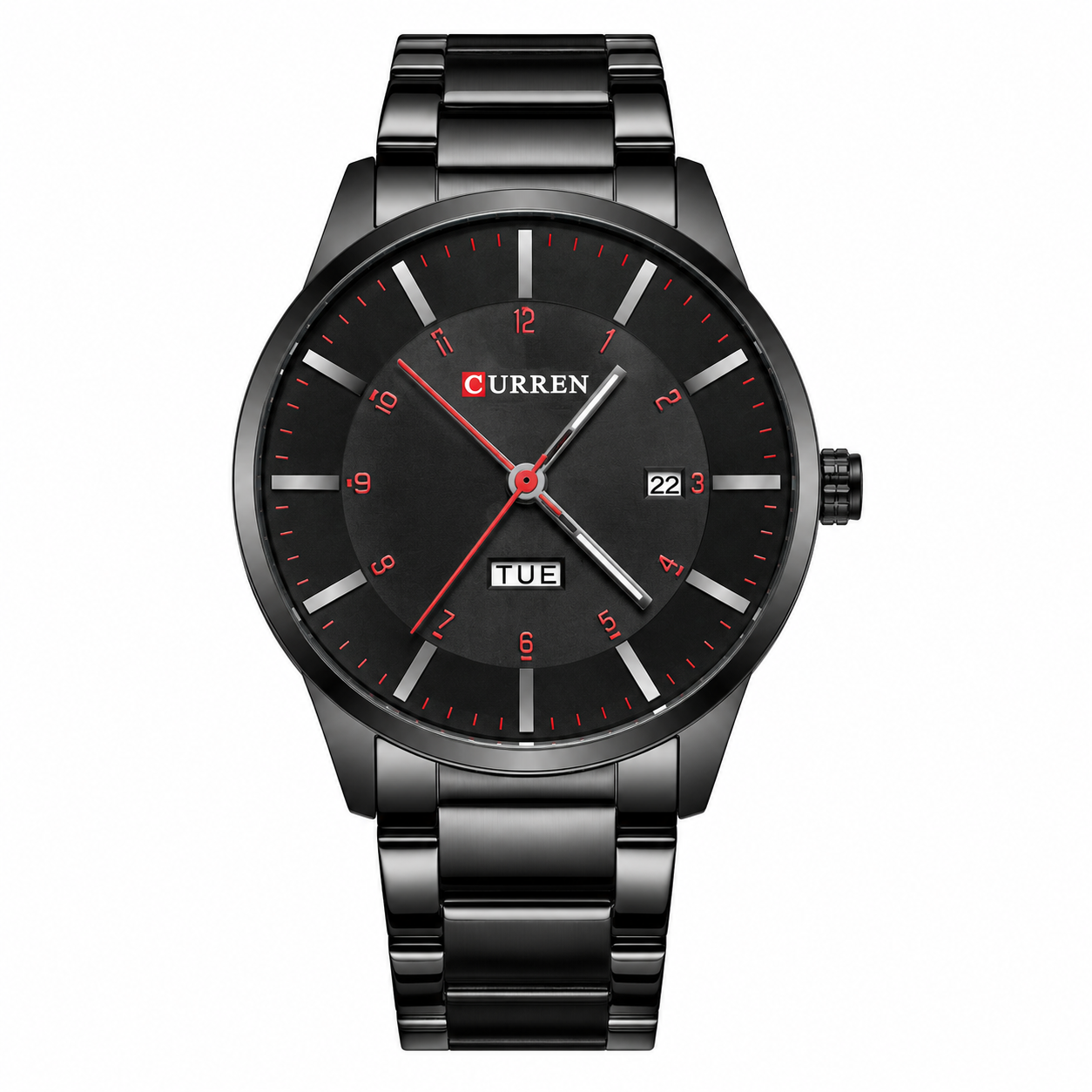 Black stainless steel Curren men's watch with red accents, day-date display, and modern luxury design.