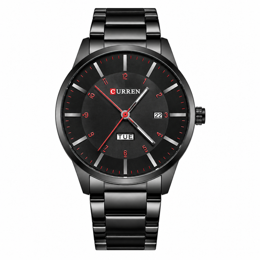 Black stainless steel Curren men's watch with red accents, day-date display, and modern luxury design.