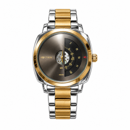  Two-tone gold and silver men's watch with a unique half-skeleton dial, stainless steel bracelet, and modern luxury design