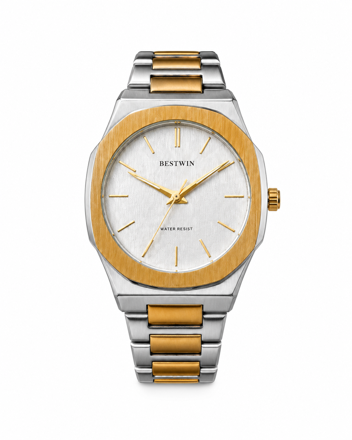 Two-tone gold and silver stainless steel men's watch with white textured dial, octagonal bezel, and minimalist luxury design