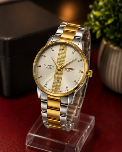 Two-tone gold and silver stainless steel men's watch with champagne dial, crystal hour markers, and day-date display by GotikTik.