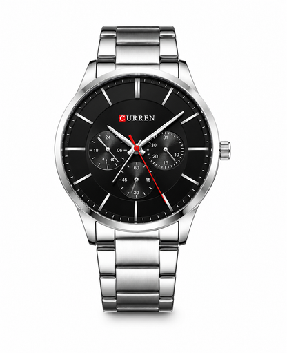 Black dial stainless steel Curren men's watch with multifunction subdials, silver bracelet, and elegant minimalist design by GotikTik.