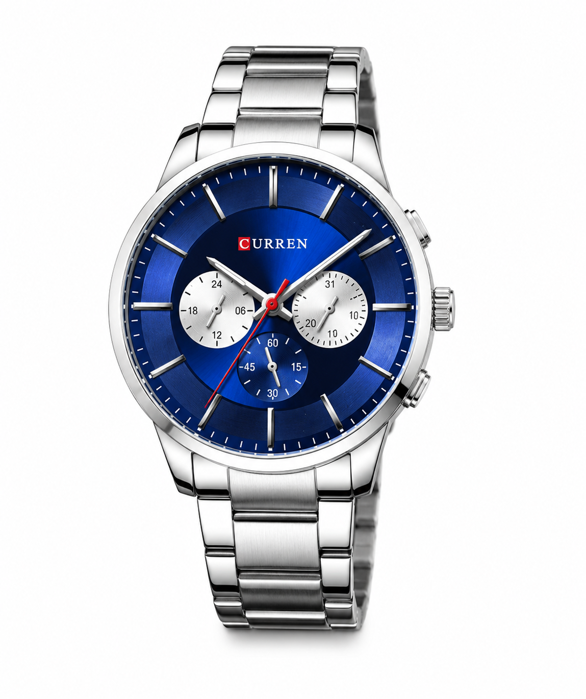 Blue dial stainless steel Curren men's watch with multifunction subdials, silver bracelet, and premium design