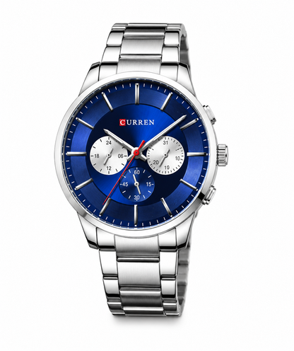 Blue dial stainless steel Curren men's watch with multifunction subdials, silver bracelet, and premium design
