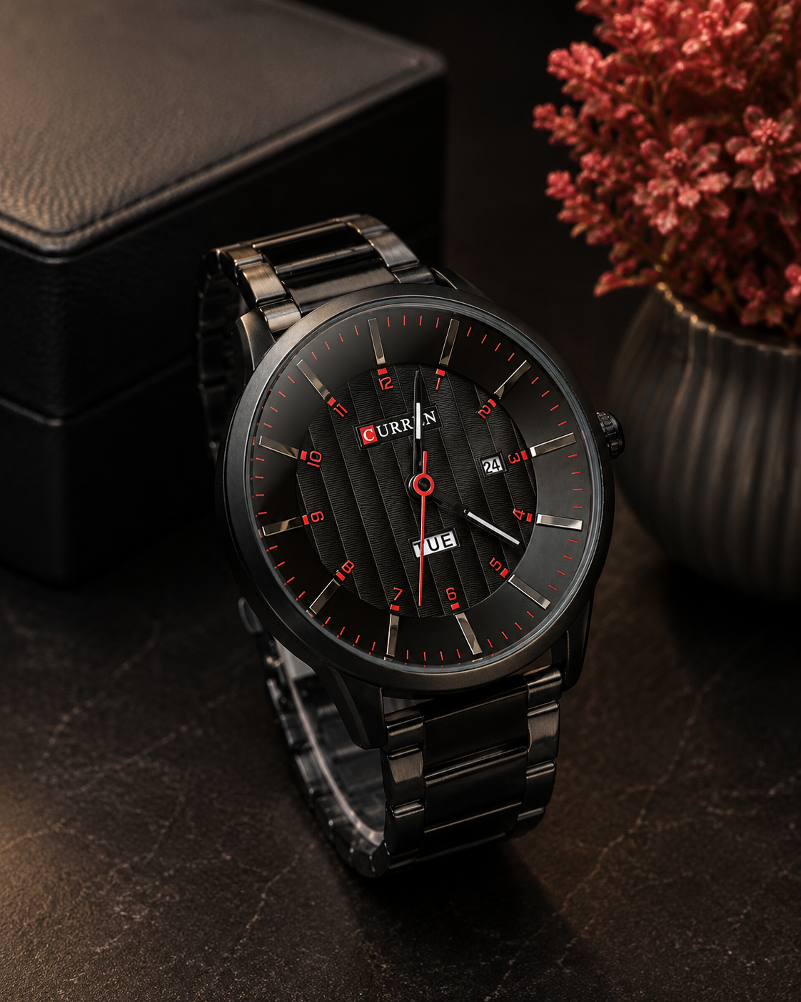 Black stainless steel Curren men's watch with red accents, day-date display, and modern luxury design by GotikTik.