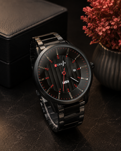 Black stainless steel Curren men's watch with red accents, day-date display, and modern luxury design by GotikTik.