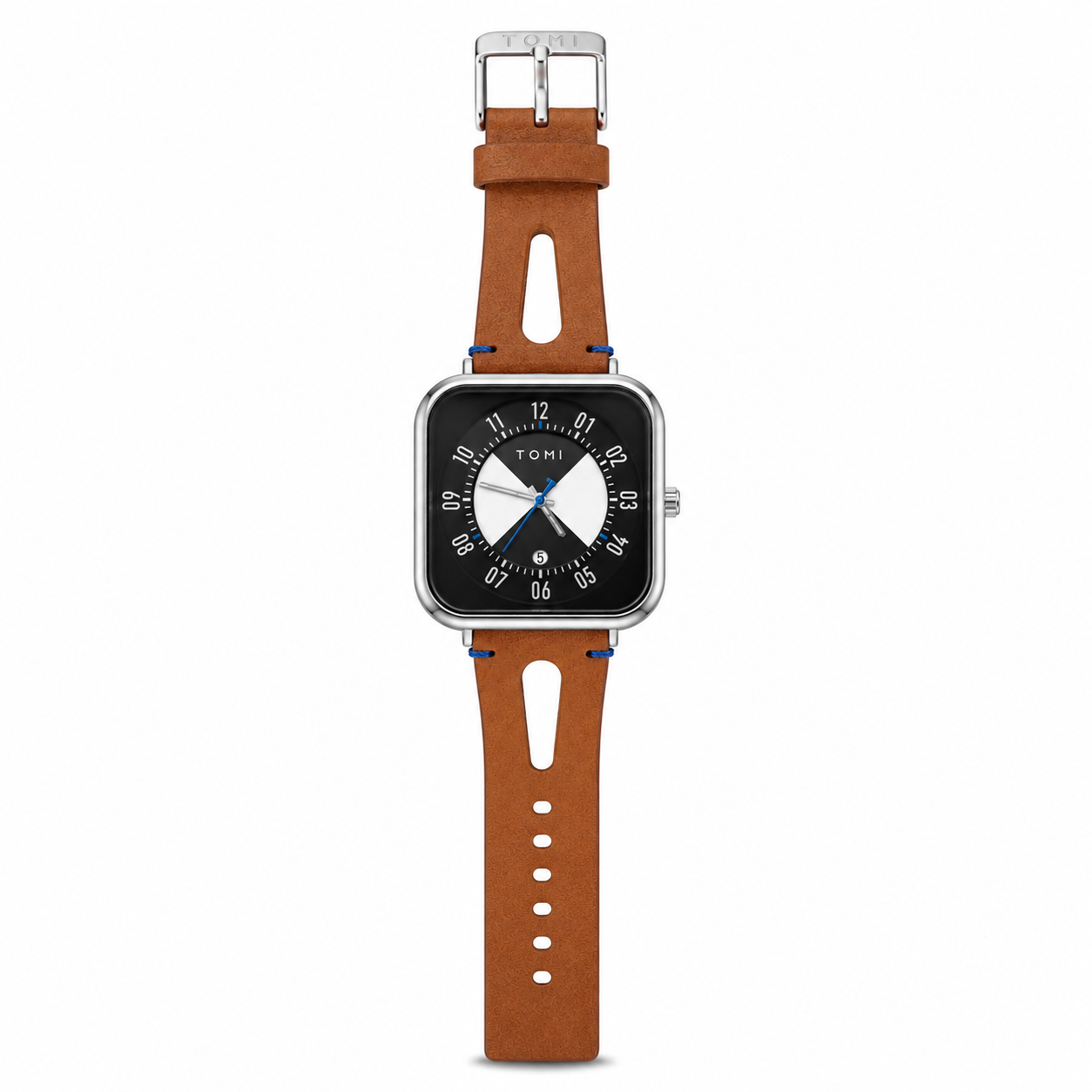 A smartwatch with a square silver-tone case and a brown leather strap, shown on a plain white background. The watch face is black with white numerals and blue accents.
