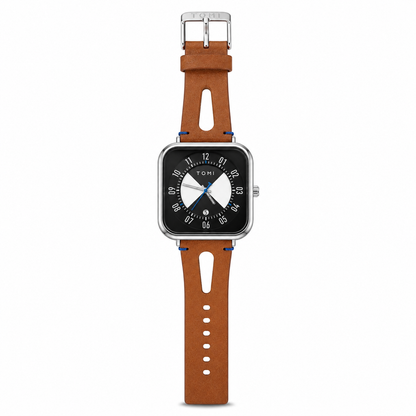 A smartwatch with a square silver-tone case and a brown leather strap, shown on a plain white background. The watch face is black with white numerals and blue accents.