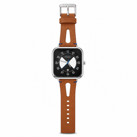 A smartwatch with a square silver-tone case and a brown leather strap, shown on a plain white background. The watch face is black with white numerals and blue accents.