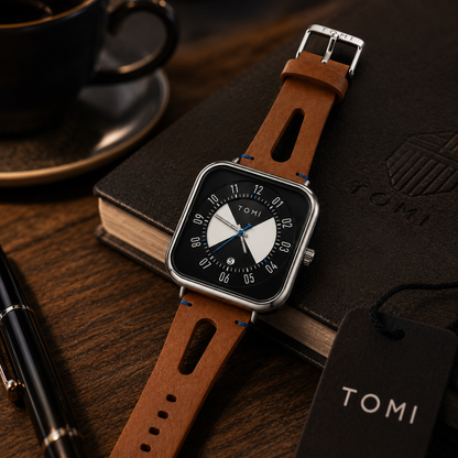 A TOMI smartwatch with a square black dial and a brown leather strap, styled on a dark wooden table next to a black notebook, pen, and coffee cup.