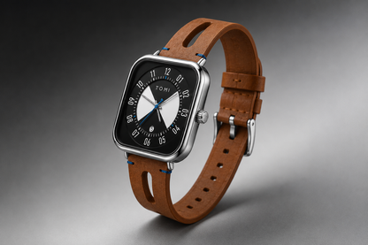 A rectangular smartwatch with a silver-toned metal case and a brown leather strap, featuring a black analog-style face with white numerals and blue accents. The watch is photographed on a dark gray gradient background.