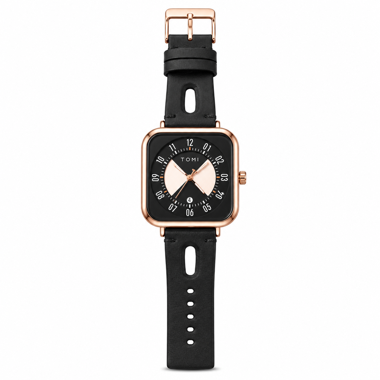 A unisex square analog watch with a black leather strap, black dial, and rose gold case and buckle, shown on a plain white background.