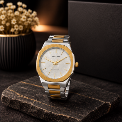 Two-tone gold and silver stainless steel men's watch with white textured dial, octagonal bezel, and minimalist luxury design