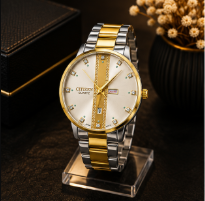 Two-tone gold and silver stainless steel men's watch with champagne dial, crystal hour markers, and day-date display by GotikTik.