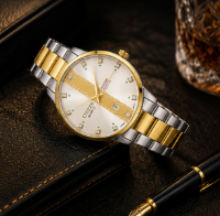 Two-tone gold and silver stainless steel men's watch with champagne dial, crystal hour markers, and day-date display by GotikTik.