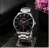 Black dial stainless steel Curren men's watch with multifunction subdials, silver bracelet, and elegant minimalist design by GotikTik.