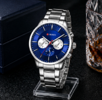Blue dial stainless steel Curren men's watch with multifunction subdials, silver bracelet, and premium design