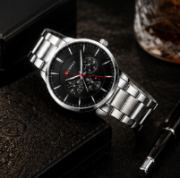 Black dial stainless steel Curren men's watch with multifunction subdials, silver bracelet, and elegant minimalist design by GotikTik.