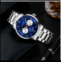 Blue dial stainless steel Curren men's watch with multifunction subdials, silver bracelet, and premium design