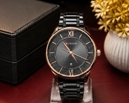 Premium Curren black stainless steel men's wristwatch with rose gold bezel, minimalist dial, and date display
