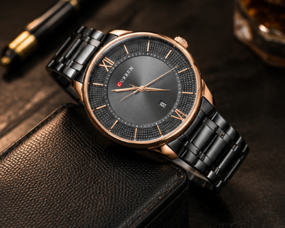 Premium Curren black stainless steel men's wristwatch with rose gold bezel, minimalist dial, and date display