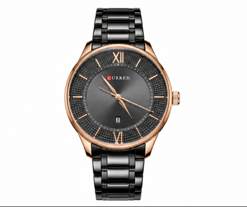 Premium Curren black stainless steel men's wristwatch with rose gold bezel, minimalist dial, and date display