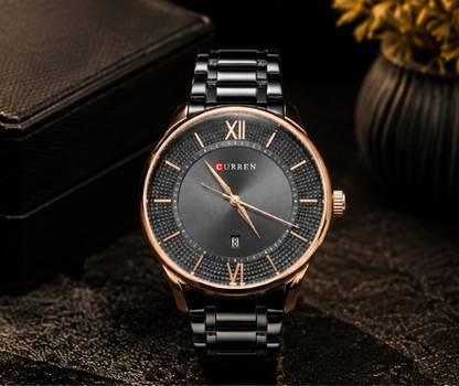 Premium Curren black stainless steel men's wristwatch with rose gold bezel, minimalist dial, and date display