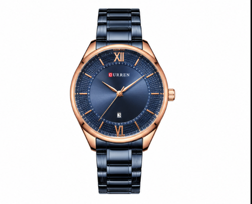 Curren analog watch with a blue dial, rose gold case, black stainless steel bracelet, and date display.