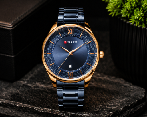 Curren analog watch with a blue dial, rose gold case, black stainless steel bracelet, and date display.