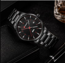 Black stainless steel Curren men's watch with red accents, day-date display, and modern luxury design by GotikTik.