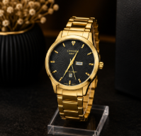 Gold stainless steel men's watch with black textured dial, day-date display, and elegant luxury design
