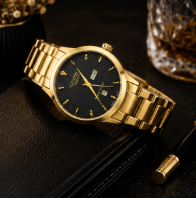 Gold stainless steel men's watch with black textured dial, day-date display, and elegant luxury design