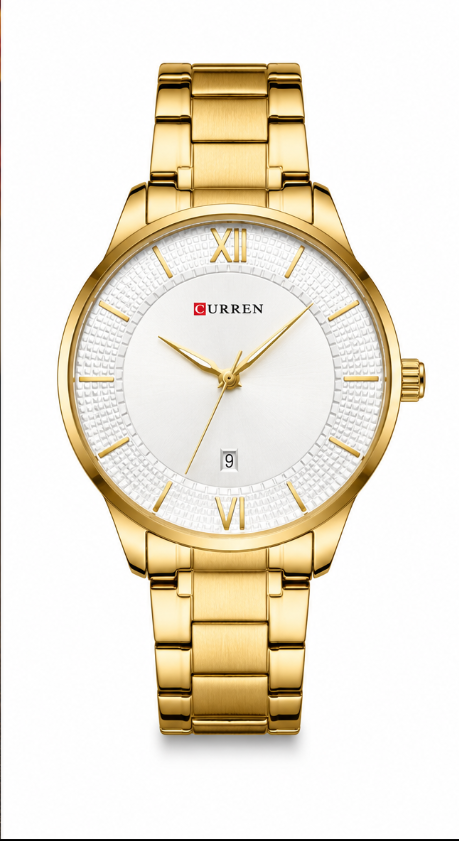 Gold stainless steel Curren men's watch with white textured dial, date display, and elegant luxury design