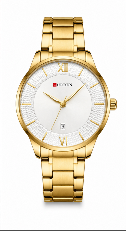 Gold stainless steel Curren men's watch with white textured dial, date display, and elegant luxury design