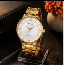 Gold stainless steel Curren men's watch with white textured dial, date display, and elegant luxury design