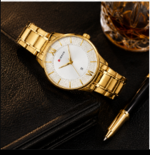 Gold stainless steel Curren men's watch with white textured dial, date display, and elegant luxury design