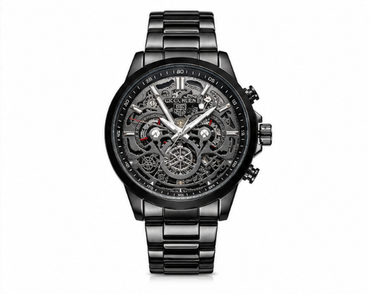 Premium skeleton analog watch with a black stainless steel bracelet, open-work black dial, and modern luxury design.