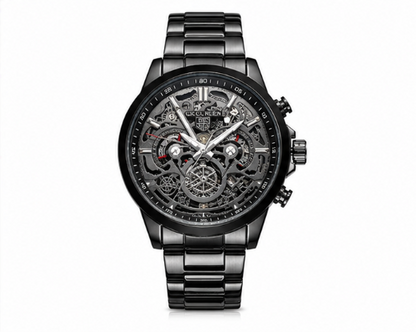 Premium skeleton analog watch with a black stainless steel bracelet, open-work black dial, and modern luxury design.