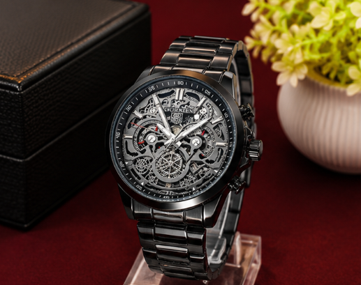 Premium skeleton analog watch with a black stainless steel bracelet, open-work black dial, and modern luxury design.