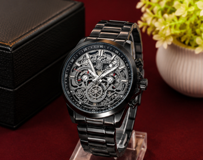 Premium skeleton analog watch with a black stainless steel bracelet, open-work black dial, and modern luxury design.
