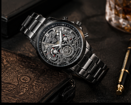 Premium skeleton analog watch with a black stainless steel bracelet, open-work black dial, and modern luxury design.