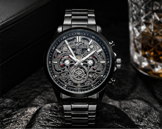 Premium skeleton analog watch with a black stainless steel bracelet, open-work black dial, and modern luxury design.