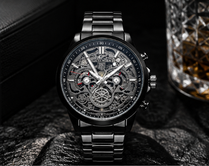 Premium skeleton analog watch with a black stainless steel bracelet, open-work black dial, and modern luxury design.
